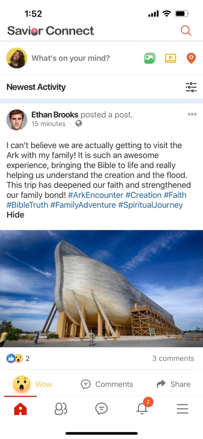 The Savior Connect feed on a phone: a member sharing a family visit to the Ark Encounter